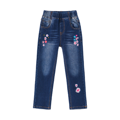 Girls Embroiderd Flower Decor Slim Jeans Pants