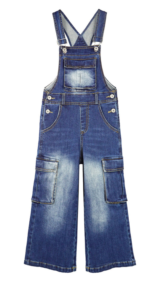 Girls Denim Overalls,Wide Leg Accordion Deep Heel Pockets Cargo Jeans Dungarees