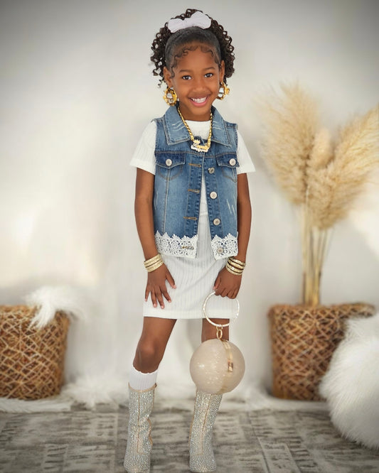 Little Girl Junior Ripped Lace Denim Jean Vest Tops