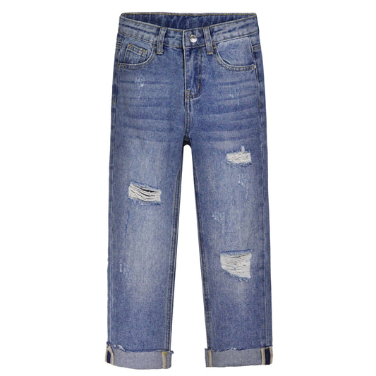 Kids Ripped Elastic Band Inside Rolled Up Raw Edge Leg Slim Jeans