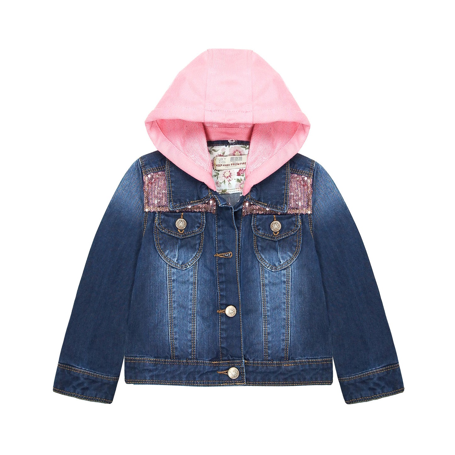 Girl Pink Hood Flower Embroidered Denim Jacket