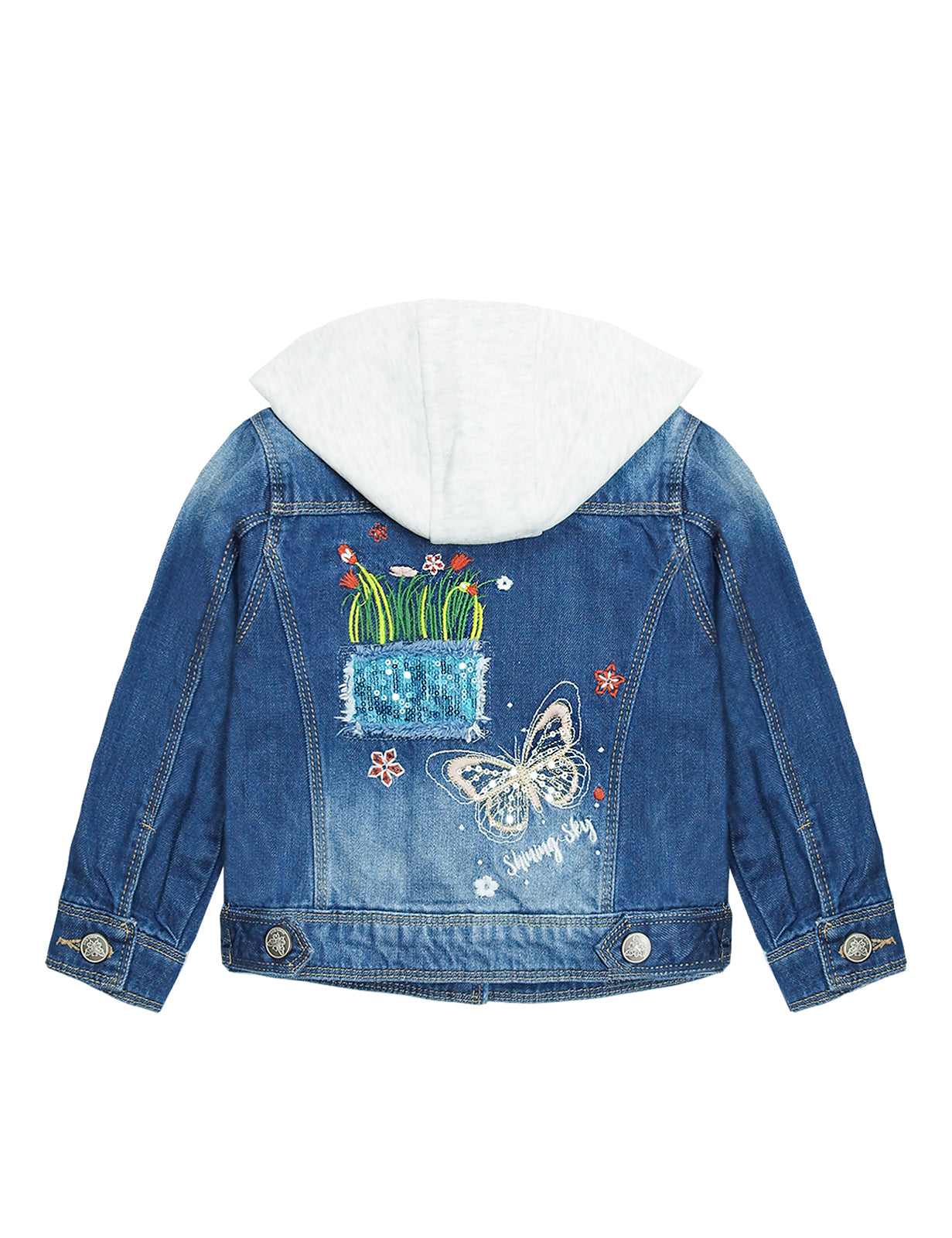 Girl Pink Hood Flower Embroidered Denim Jacket