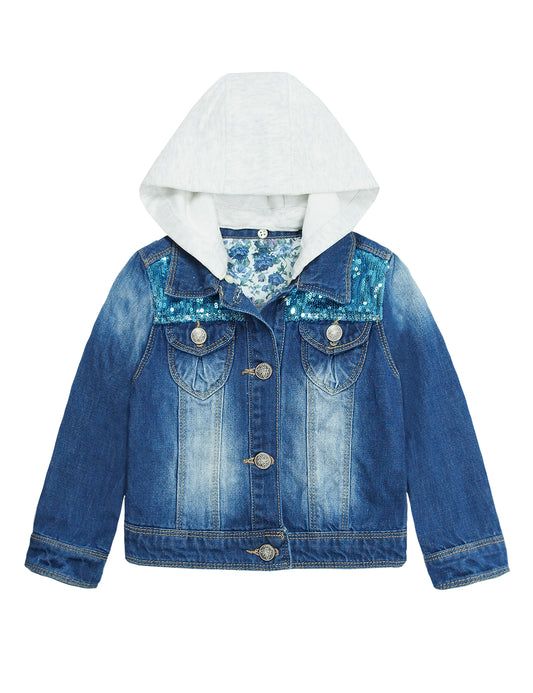 Girl Pink Hood Flower Embroidered Denim Jacket