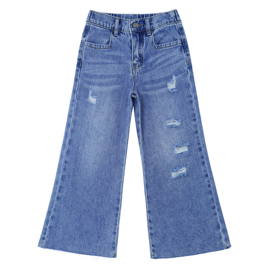 Kid Girl Boy,Elastic Band Inside Ripped Denim Wide-Leg Jeans Pants