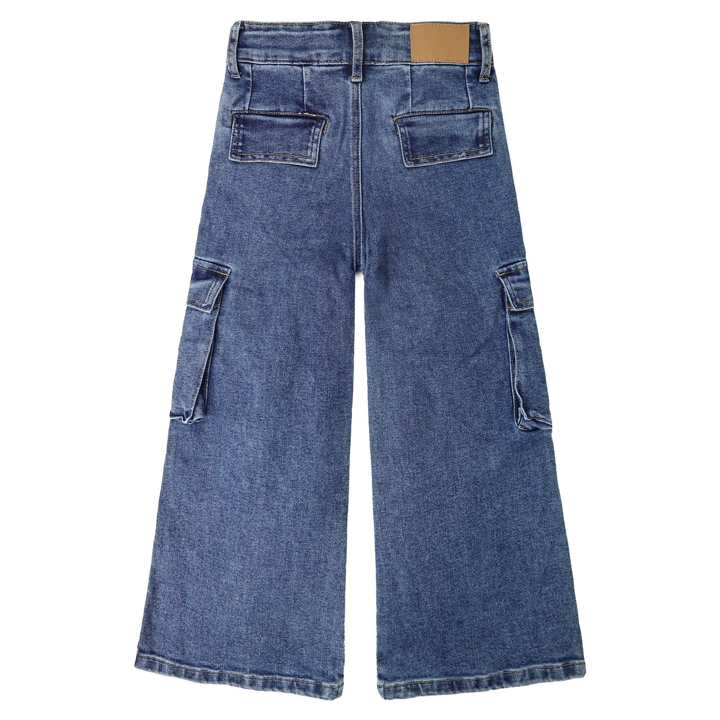 Girls' Cargo Jeans with Flap Pocket, Wide Leg and Split Hem Boyfriend Denim Pants