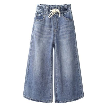 Girls Jeans, 5-14T Wide-leg Loose Elastic Waist with String Flared Denim Pants