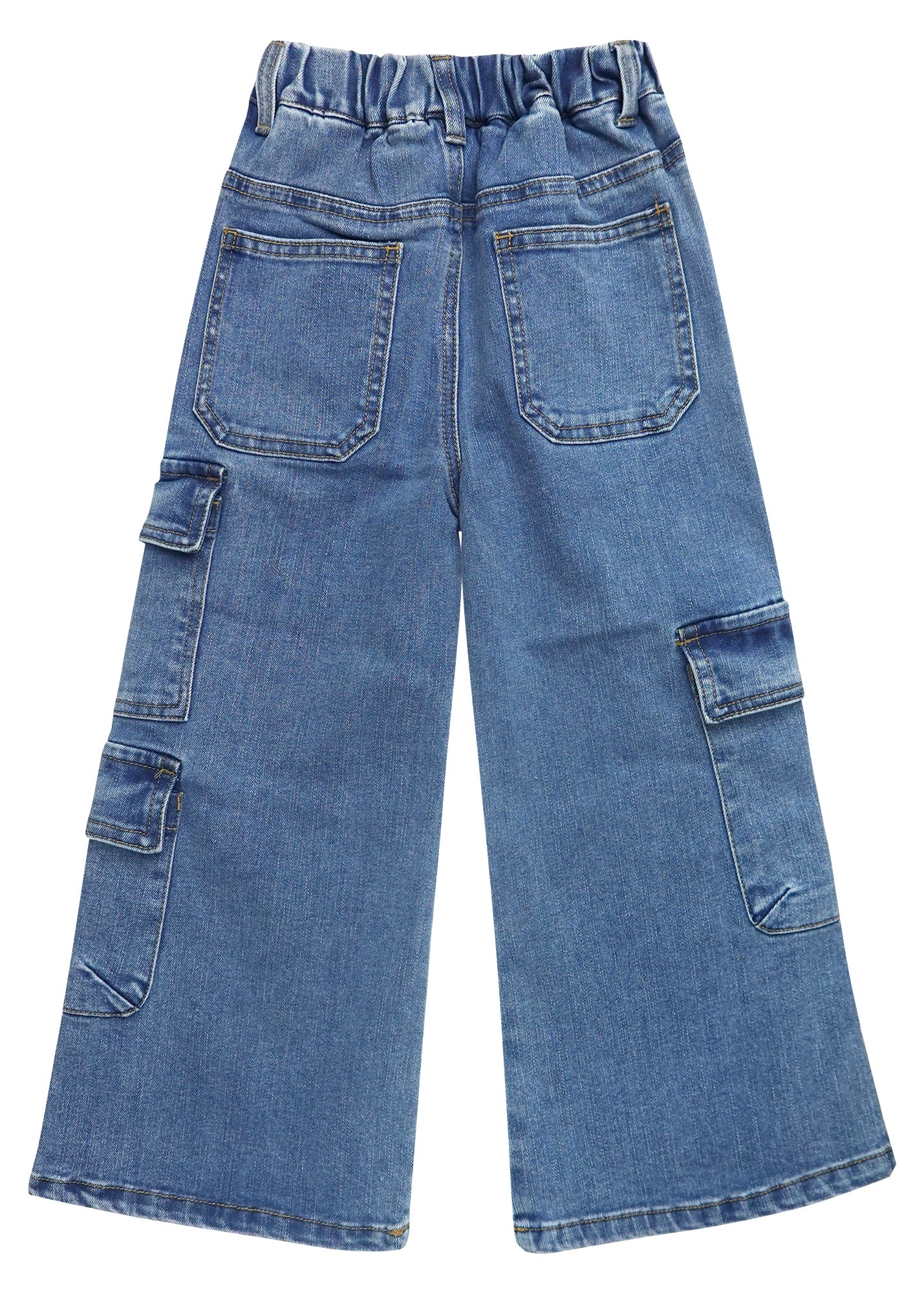 7-Pocket Girls Wide-leg Stretch Denim Pants, 5-14T Ribbed Elastic Waist with D-ring Cargo Jeans