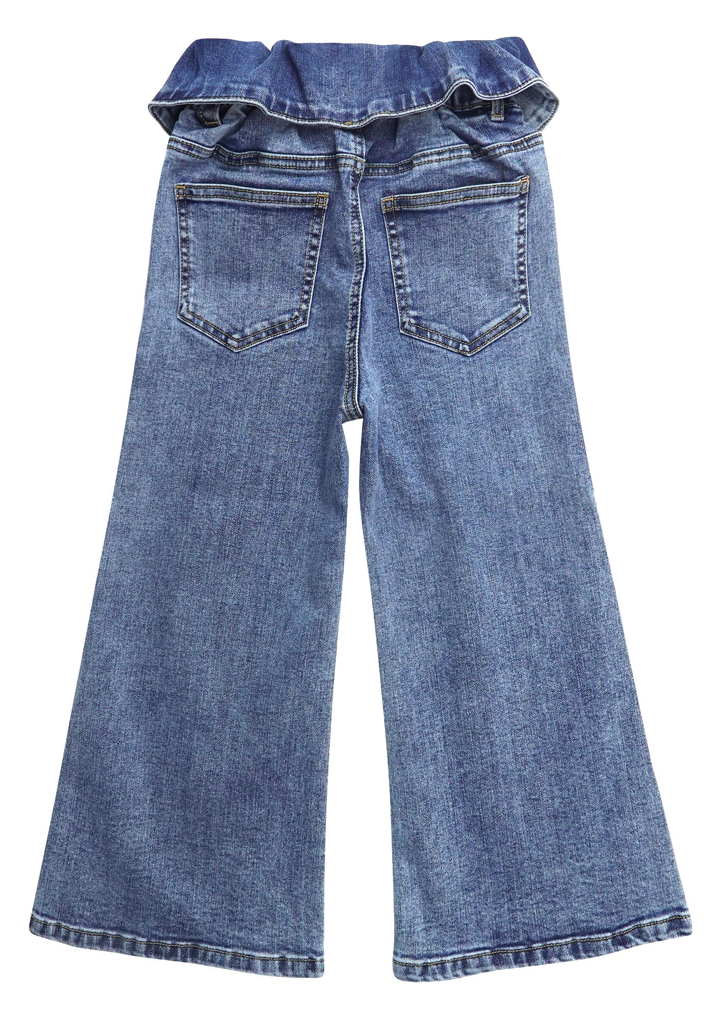 Flounced Girls Wide-leg Stretch Denim Pants, 5-14T Ribbed Elastic Waist with Chain Jeans