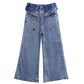 Flounced Girls Wide-leg Stretch Denim Pants, 5-14T Ribbed Elastic Waist with Chain Jeans