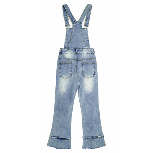 Girls Denim Overalls,2 Layers Raw Edge Hem Squared Pockets Jean Dungarees Pants