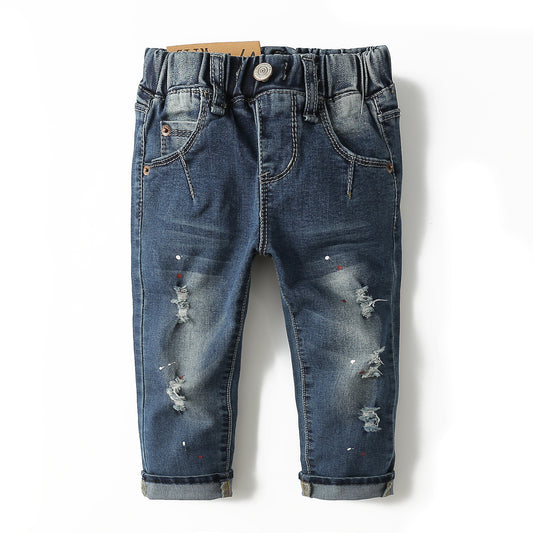 Elastic Band Kids Ripped Jeans Pants