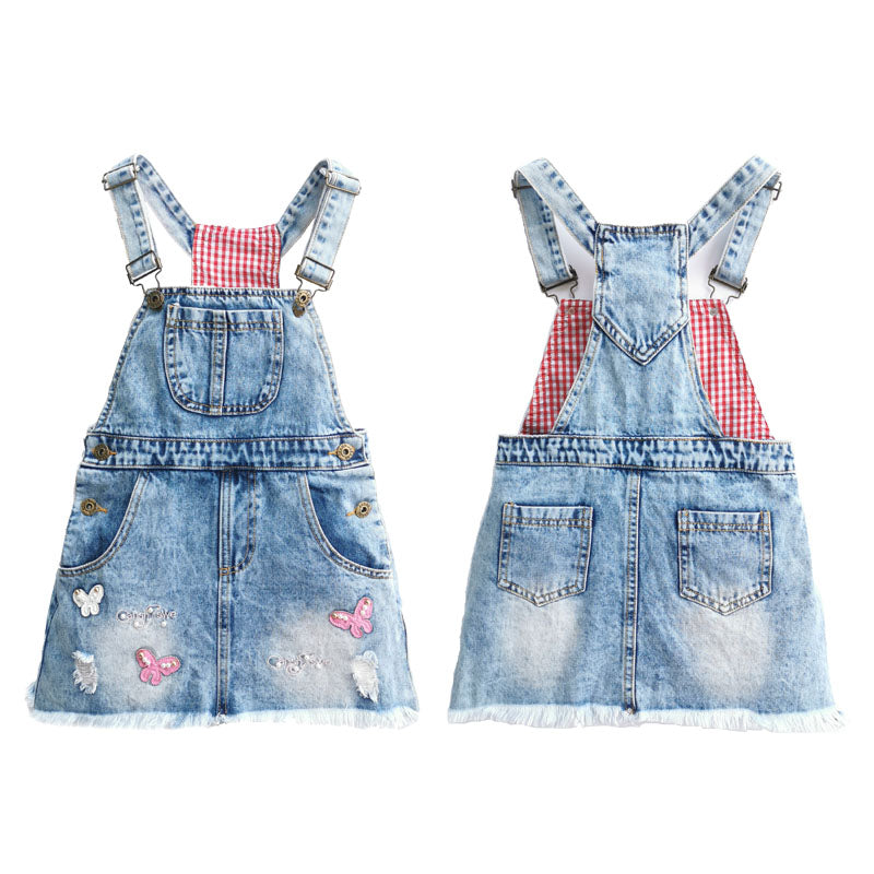 Girls Dress Embroidered Butterfly Washed Denim Dress