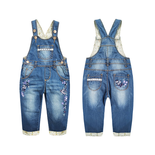 Kids Purple Flower Embroidered Denim Overalls