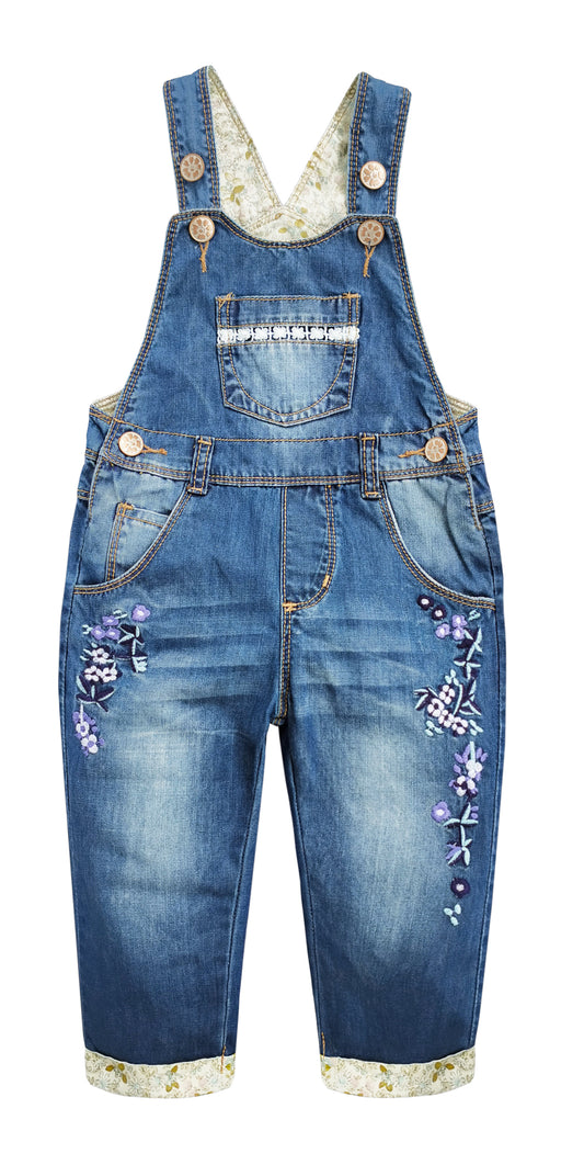 Kids Purple Flower Embroidered Denim Overalls