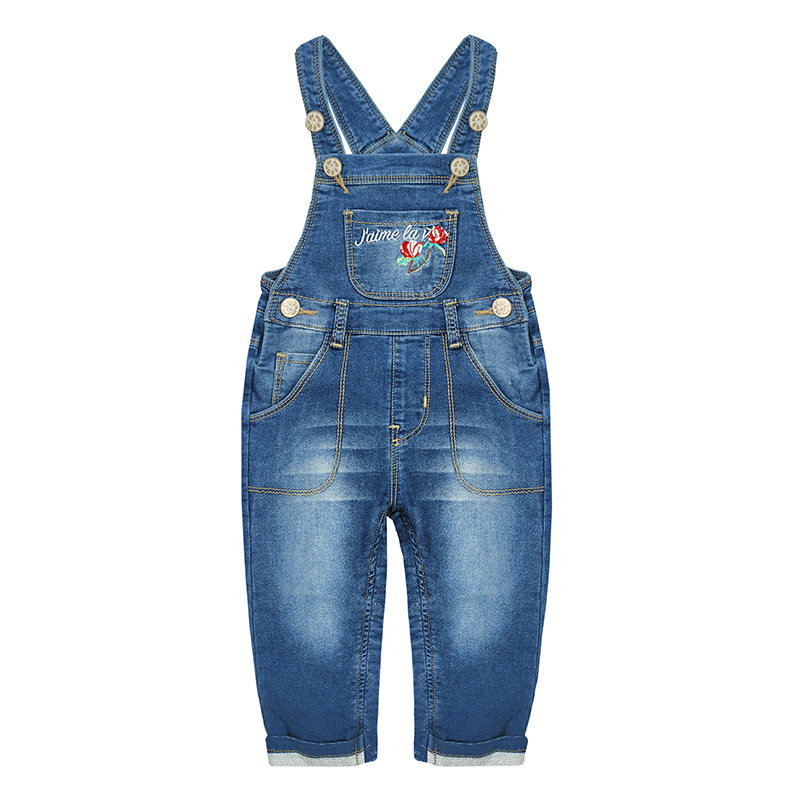 Girls Roses Embroideried Soft Denim Overalls