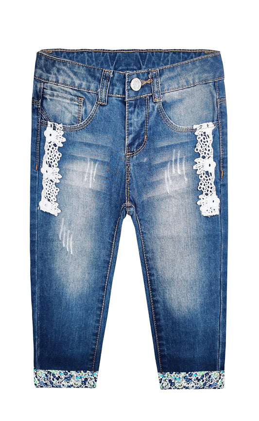 Girls Lace Patched Bottom Ripped Cuffed Jeans