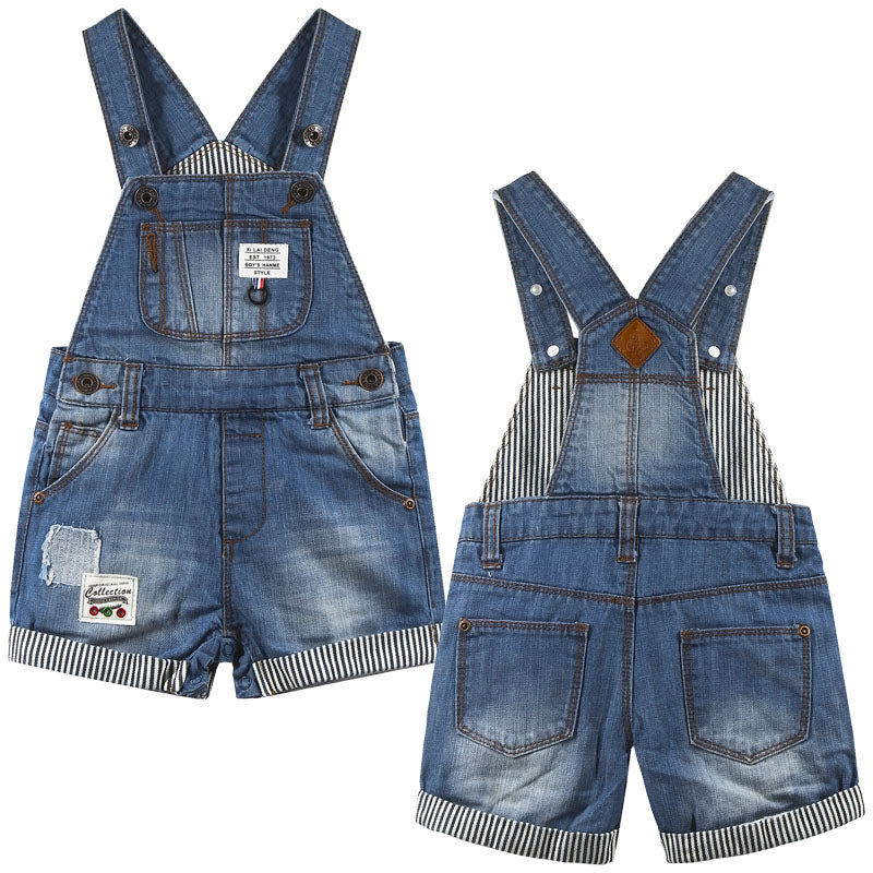 Boys Big Bib Pocket Stripe Cuffed Bottom Denim Shortalls