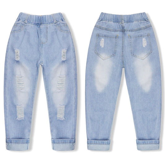 Girl Boy Jeans Kid Ripped Casual Elastic Waist Denim Pants