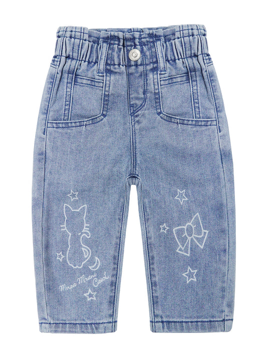 18M-5T Baby Little Girl Jeans Paperbag Elastic Waist Cute Printed Denim Pants