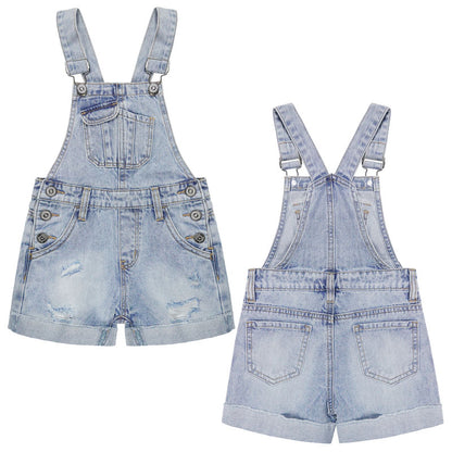 Unisex Kids Ripped Adjustable Straps Summer Jeans Shortalls