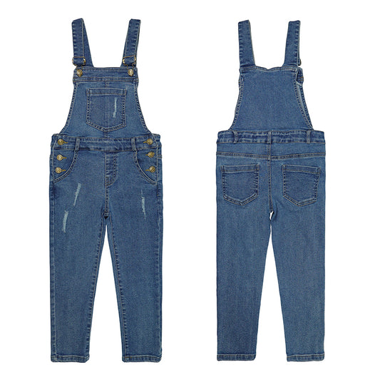 Little Girls Jeans Overalls Ripped Big Bib Elastic Band Inside Stretchy Soft Denim Jumpsuit